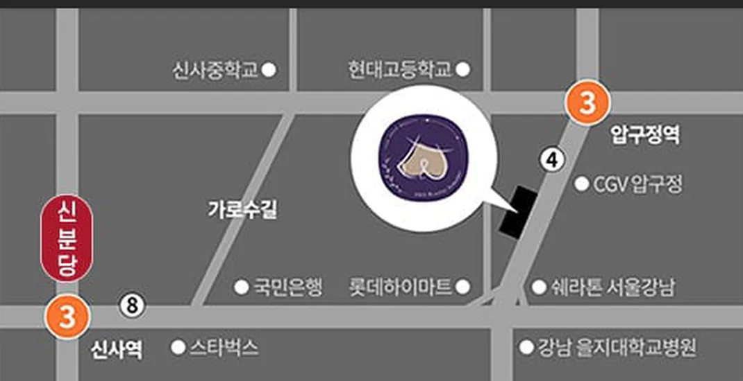 U&U美容外科の案内図 — 狎鴎亭駅・新沙駅近くのカロスキル