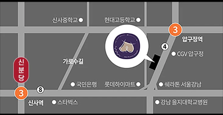 U&U美容外科の案内図 — 3号線狎鴎亭駅4番出口付近