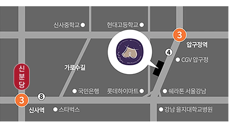 U&U美容外科の略図: 3号線狎鴎亭駅4番出口、新沙駅、カロスキル近く