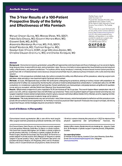 Aesthetic Surgery Journal掲載論文の1ページ目 — The 3-Year Results of a 100-Patient Prospective Study of the Safety and Effectiveness of Mia Femtech