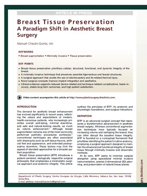 Clinics in Plastic Surgery掲載論文の1ページ目 — Breast Tissue Preservation: A Paradigm Shift in Aesthetic Breast Surgery