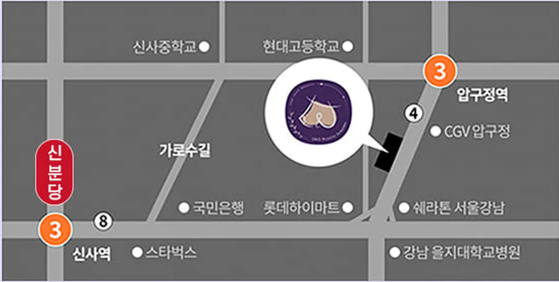 U&U美容外科の案内図 — 狎鴎亭駅・新沙駅近くのカロスキル